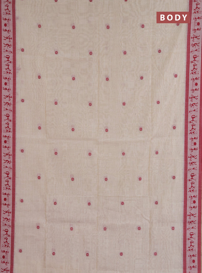 Jamdhani cotton saree beige and maroon with allover thread woven buttas and jamdhani pallu