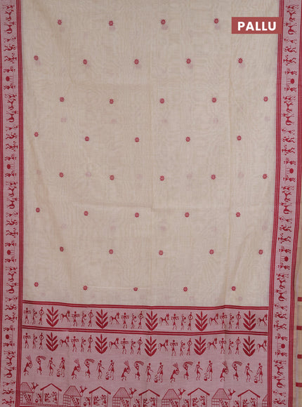 Jamdhani cotton saree beige and maroon with allover thread woven buttas and jamdhani pallu