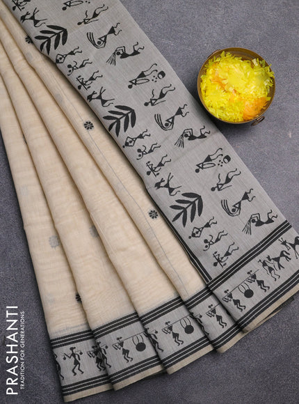 Jamdhani cotton saree beige and black with allover thread woven buttas and jamdhani pallu