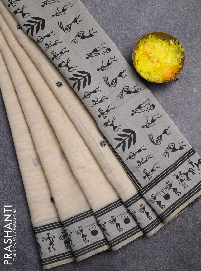 Jamdhani cotton saree beige and black with allover thread woven buttas and jamdhani pallu