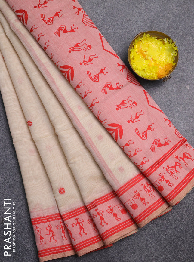 Jamdhani cotton saree beige and red with allover thread woven buttas and jamdhani pallu
