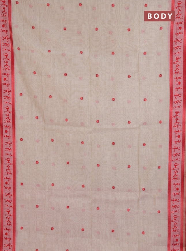 Jamdhani cotton saree beige and red with allover thread woven buttas and jamdhani pallu