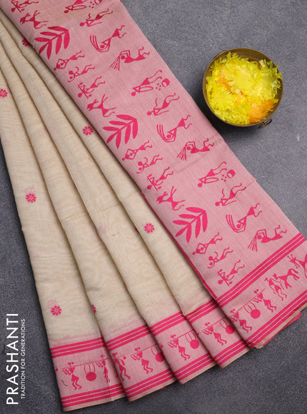 Jamdhani cotton saree beige and pink with allover thread woven buttas and jamdhani pallu