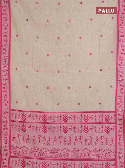 Jamdhani cotton saree beige and pink with allover thread woven buttas and jamdhani pallu