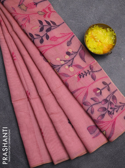 Jamdhani cotton saree peach pink with allover thread & zari woven buttas and jamdhani pallu