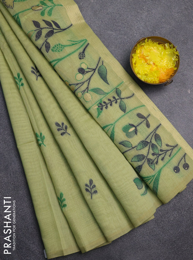Jamdhani cotton saree pista green with allover thread & zari woven buttas and jamdhani pallu