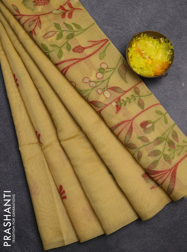 Jamdhani cotton saree pale yellow with allover thread & zari woven buttas and jamdhani pallu