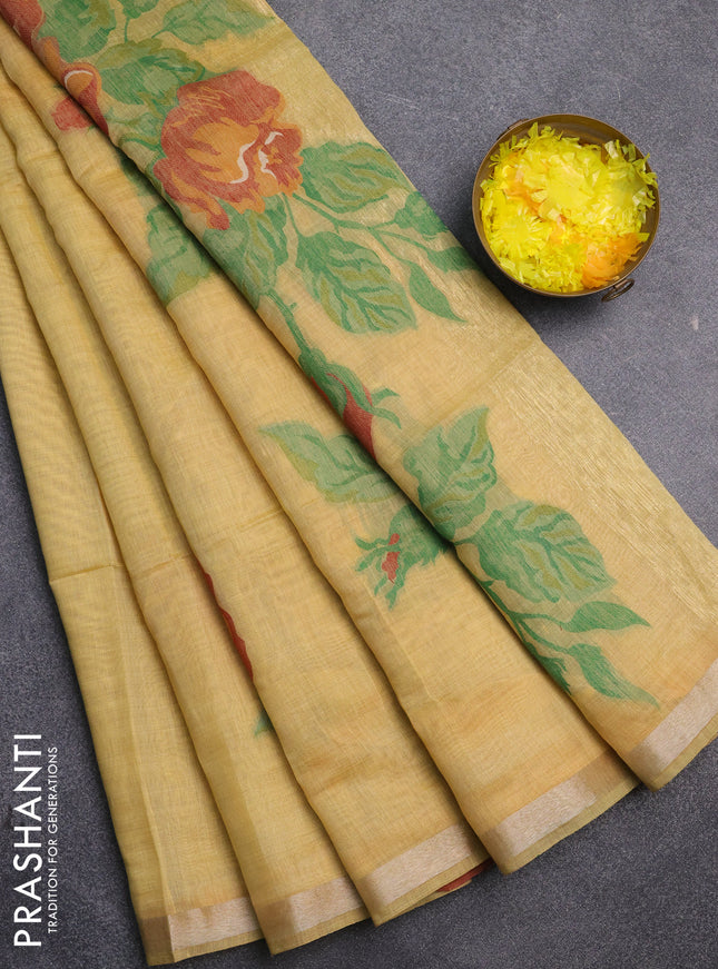 Jamdhani cotton saree pale yellow and maroon with thread woven buttas and jamdhani pallu
