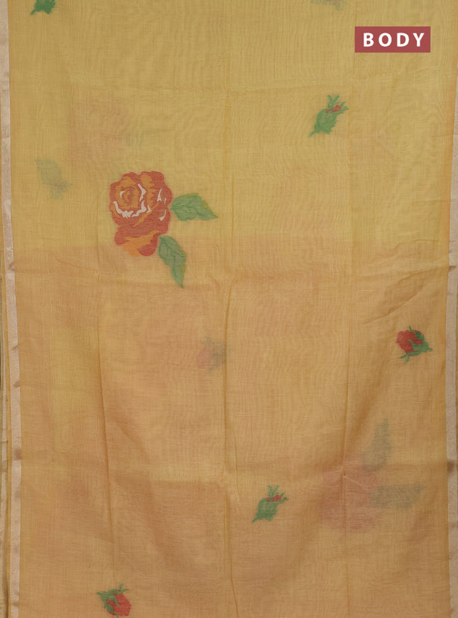 Jamdhani cotton saree pale yellow and maroon with thread woven buttas and jamdhani pallu