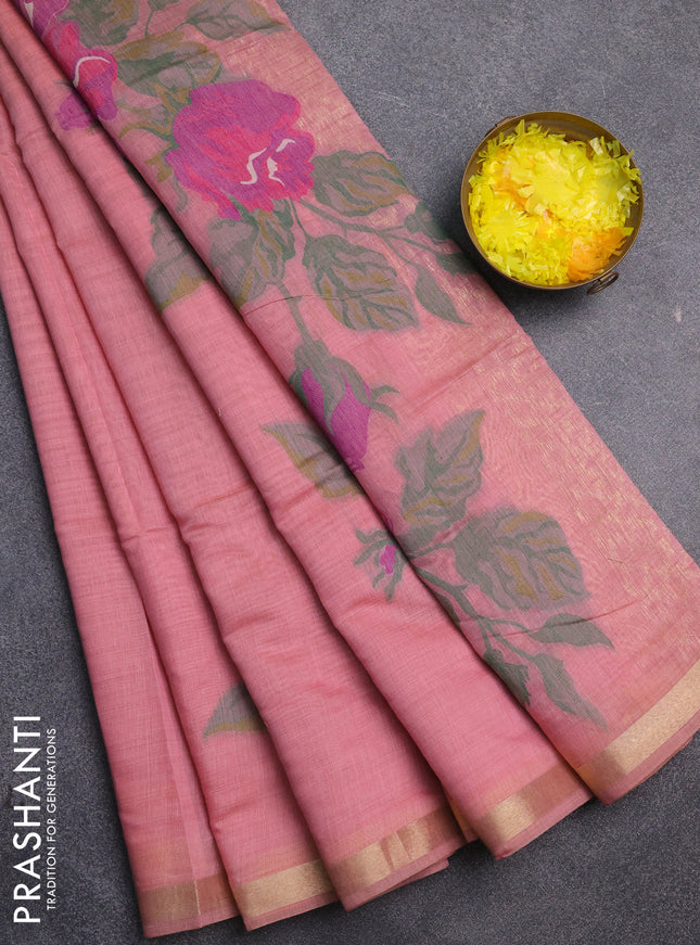 Jamdhani cotton saree peach shade and purple with thread woven buttas and jamdhani pallu