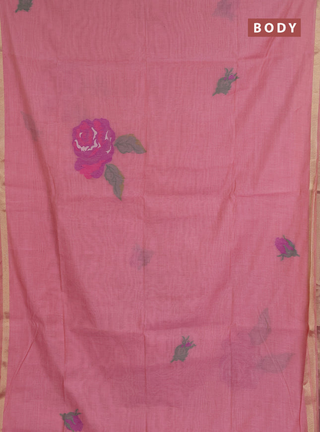 Jamdhani cotton saree peach shade and purple with thread woven buttas and jamdhani pallu