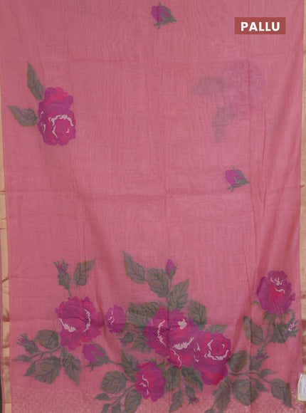 Jamdhani cotton saree peach shade and purple with thread woven buttas and jamdhani pallu