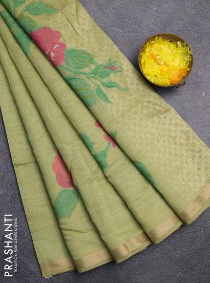 Jamdhani cotton saree pista green and pink with thread woven buttas and jamdhani pallu