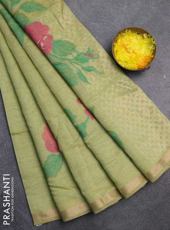 Jamdhani cotton saree pista green and pink with thread woven buttas and jamdhani pallu
