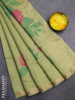 Jamdhani cotton saree pista green and pink with thread woven buttas and jamdhani pallu