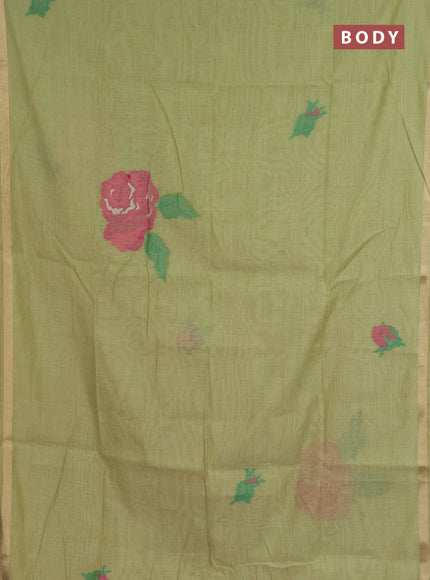 Jamdhani cotton saree pista green and pink with thread woven buttas and jamdhani pallu