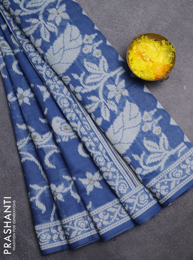 Jamdhani cotton saree blue shade with alllover thread weaves & buttas and jamdhani pallu