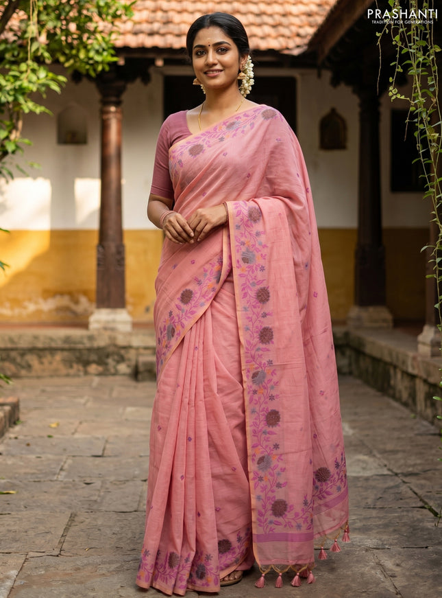 Jamdhani cotton saree peach pink with allover thread woven buttas and jamdhani pallu
