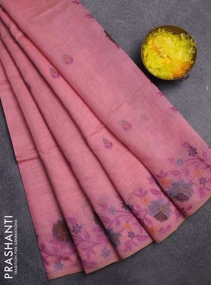 Jamdhani cotton saree peach pink with allover thread woven buttas and jamdhani pallu