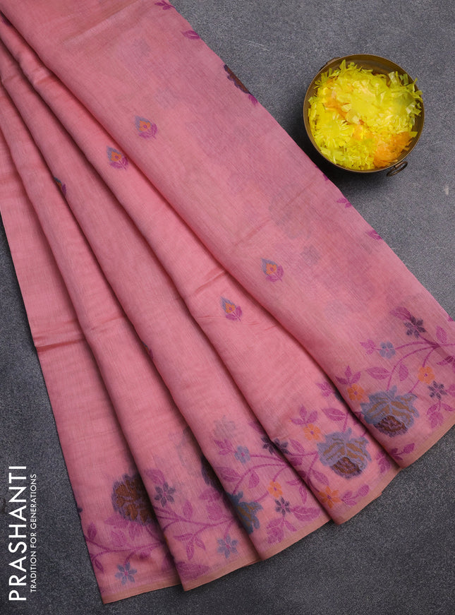 Jamdhani cotton saree peach pink with allover thread woven buttas and jamdhani pallu