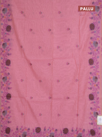 Jamdhani cotton saree peach pink with allover thread woven buttas and jamdhani pallu