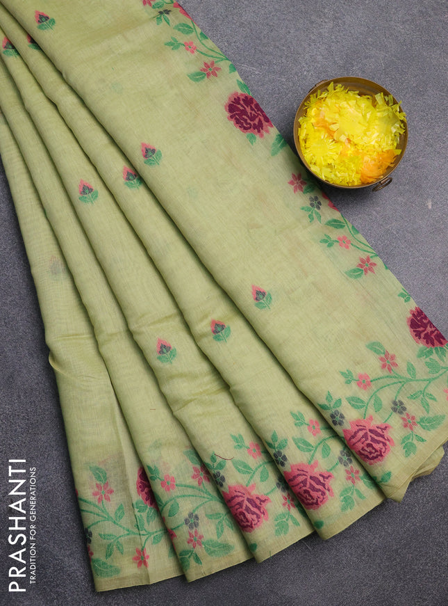 Jamdhani cotton saree pista green with allover thread woven buttas and jamdhani pallu