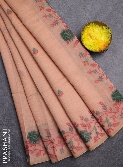Jamdhani cotton saree peach shade with allover thread woven buttas and jamdhani pallu