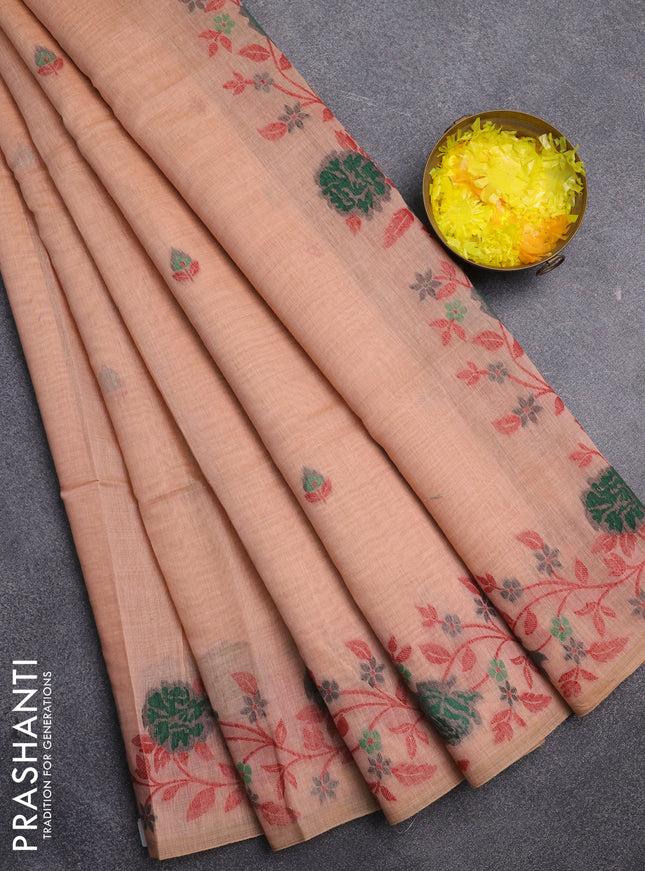 Jamdhani cotton saree peach shade with allover thread woven buttas and jamdhani pallu