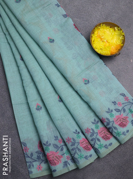 Jamdhani cotton saree teal green with allover thread woven buttas and jamdhani pallu