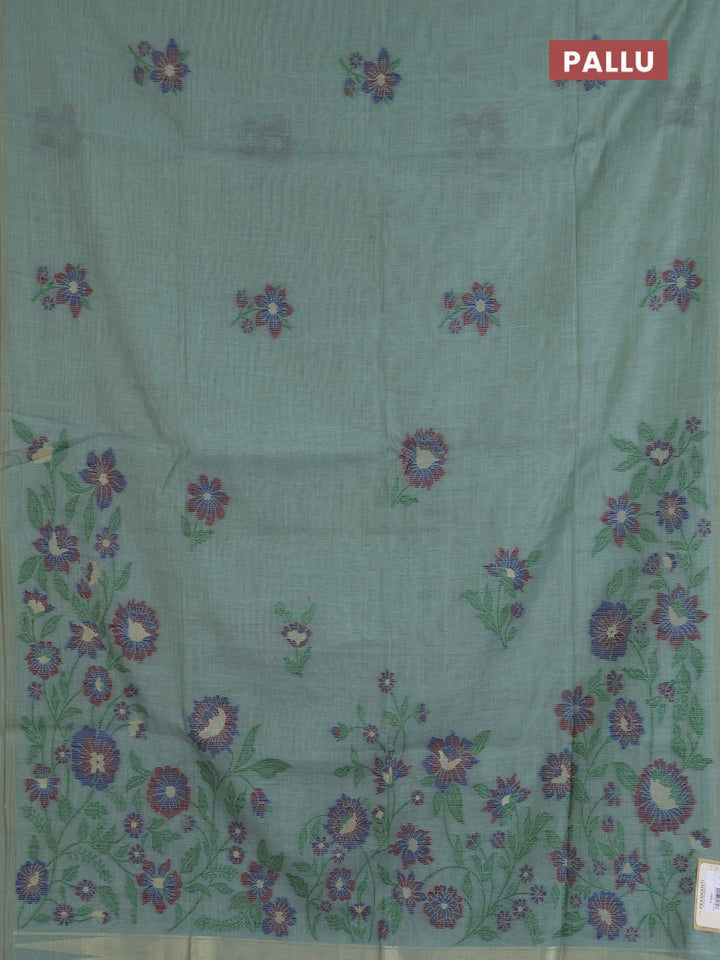 Jamdhani cotton saree teal green and maroon with allover thread & zari woven buttas and jamdhani pallu