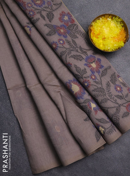 Jamdhani cotton saree dark beige and blue with allover thread & zari woven buttas and jamdhani pallu