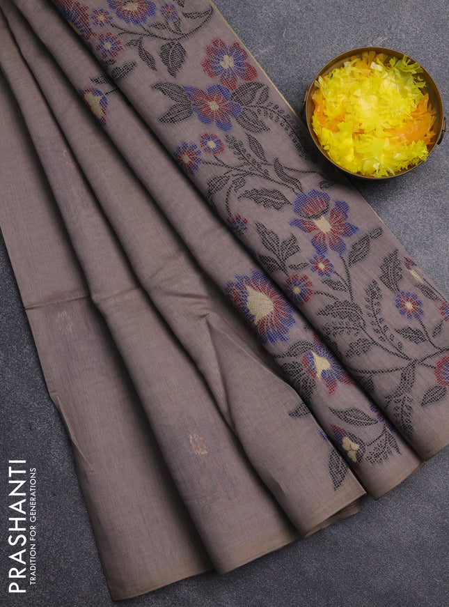 Jamdhani cotton saree dark beige and blue with allover thread & zari woven buttas and jamdhani pallu