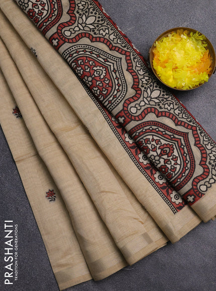 Jamdhani cotton saree beige and maroon with allover thread woven buttas and jamdhani pallu