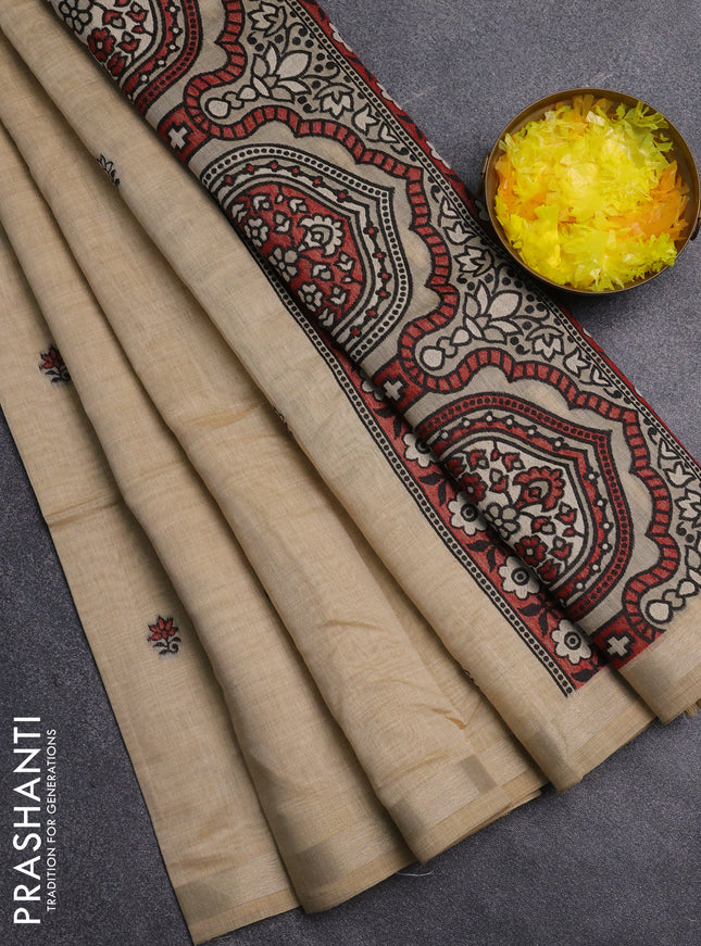 Jamdhani cotton saree beige and maroon with allover thread woven buttas and jamdhani pallu