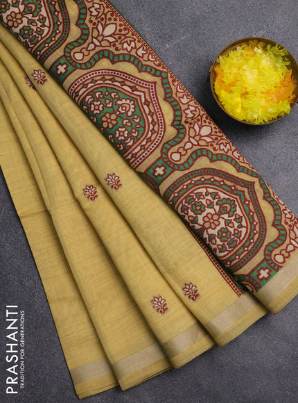 Jamdhani cotton saree pale yellow and green with allover thread woven buttas and jamdhani pallu