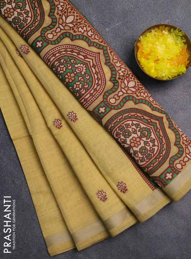 Jamdhani cotton saree pale yellow and green with allover thread woven buttas and jamdhani pallu
