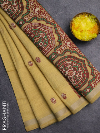 Jamdhani cotton saree pale yellow and green with allover thread woven buttas and jamdhani pallu