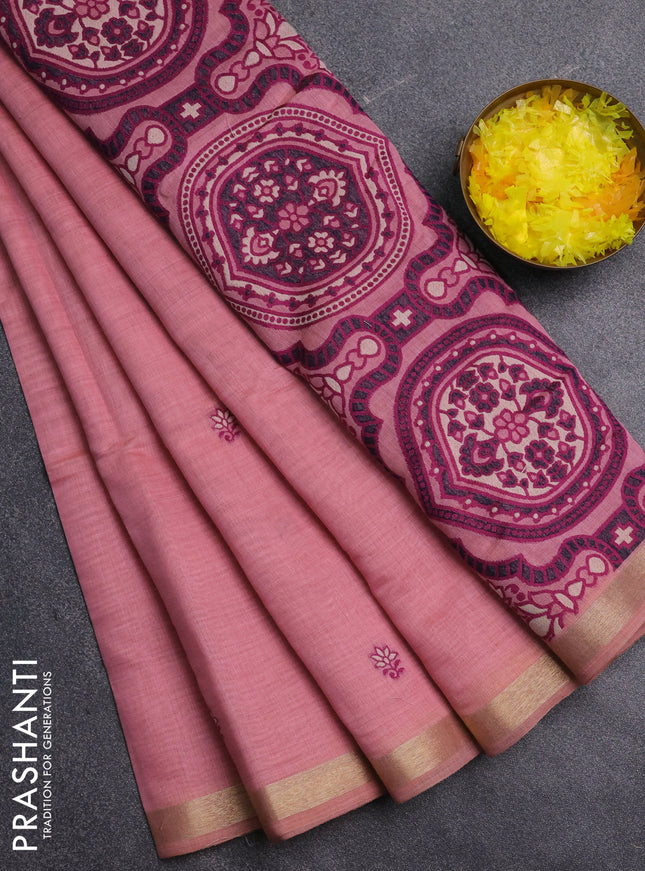 Jamdhani cotton saree peach pink and magenta pink with allover thread woven buttas and jamdhani pallu