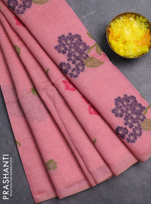 Jamdhani cotton saree dark peach and pink with allover thread & zari woven buttas and jamdhani pallu