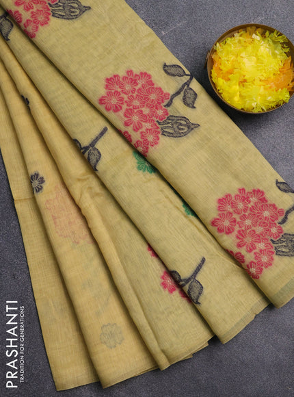 Jamdhani cotton saree pale yellow and green with allover thread & zari woven buttas and jamdhani pallu