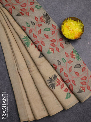 Jamdhani cotton saree beige and green with allover thread & zari woven buttas and jamdhani pallu