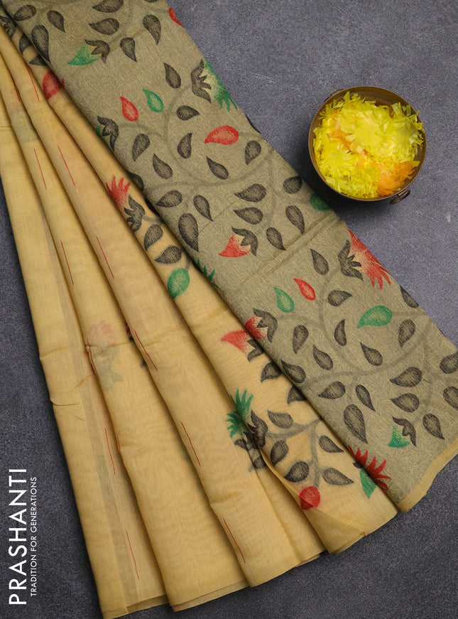 Jamdhani cotton saree pale yellow and red with allover thread & zari woven buttas and jamdhani pallu