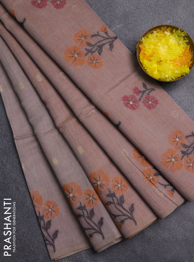 Jamdhani cotton saree dark beige and mustard yellow with allover zari woven buttas and jamdhani pallu