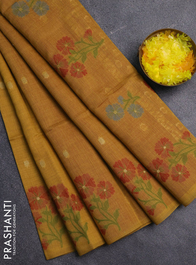 Jamdhani cotton saree dark mustard and red with allover zari woven buttas and jamdhani pallu