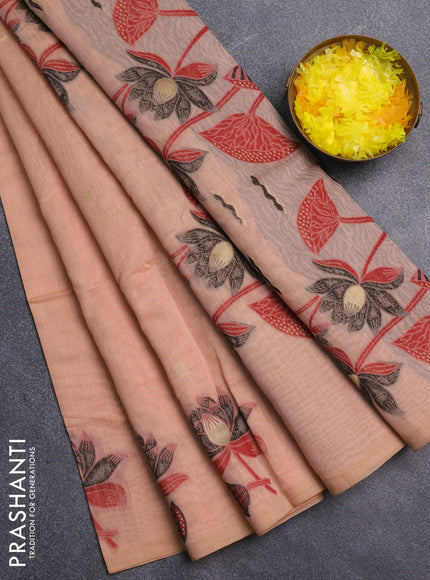 Jamdhani cotton saree peach shade and black with allover thread & zari woven buttas and jamdhani pallu