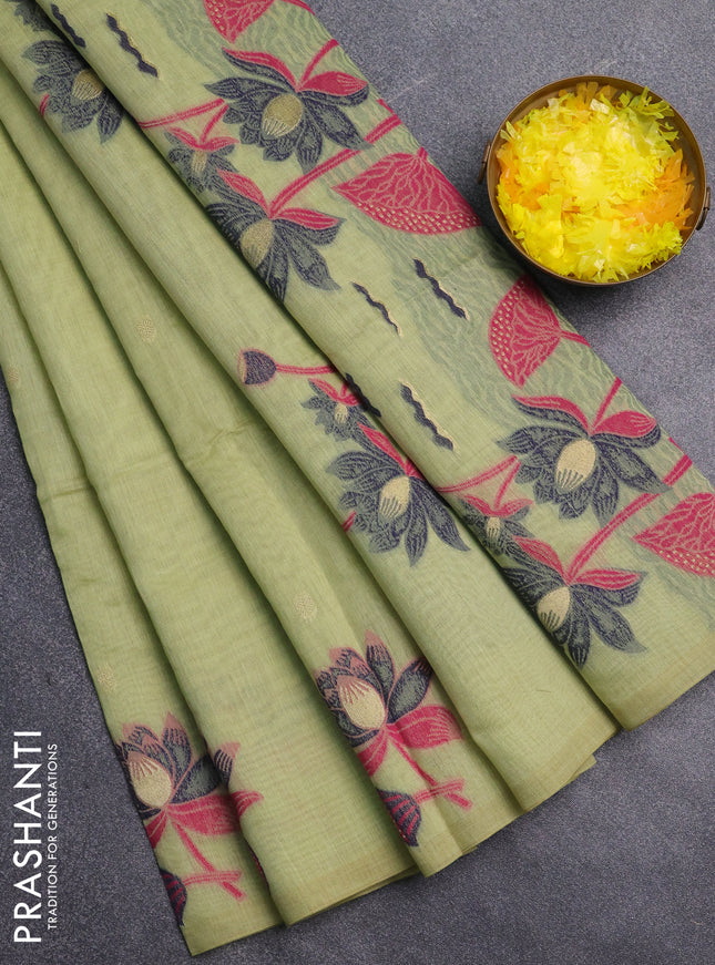 Jamdhani cotton saree pista green and navy blue with allover thread & zari woven buttas and jamdhani pallu