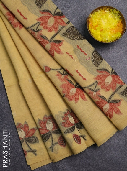 Jamdhani cotton saree pale yellow and maroon with allover thread & zari woven buttas and jamdhani pallu