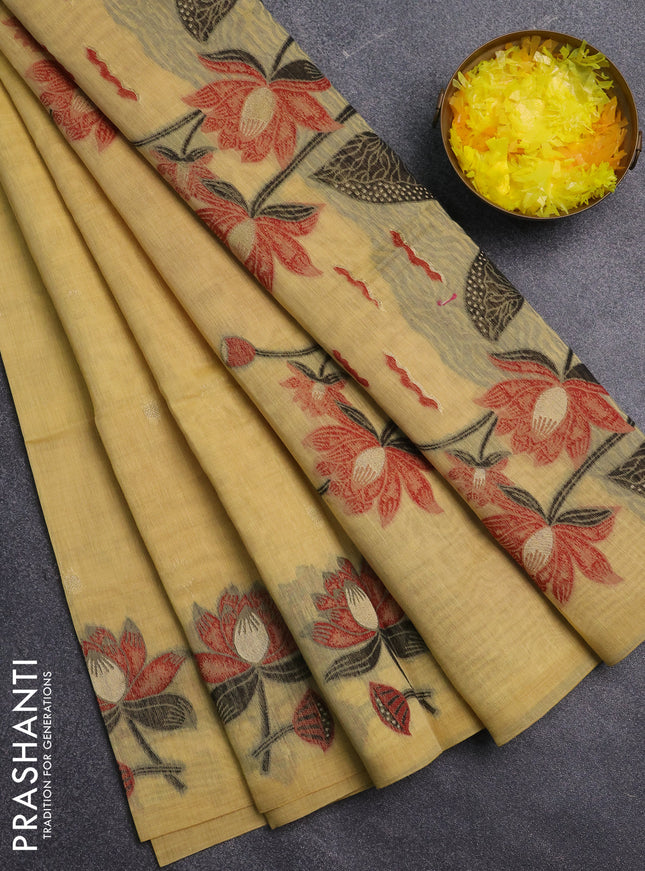 Jamdhani cotton saree pale yellow and maroon with allover thread & zari woven buttas and jamdhani pallu