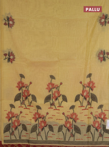 Jamdhani cotton saree pale yellow and maroon with allover thread & zari woven buttas and jamdhani pallu