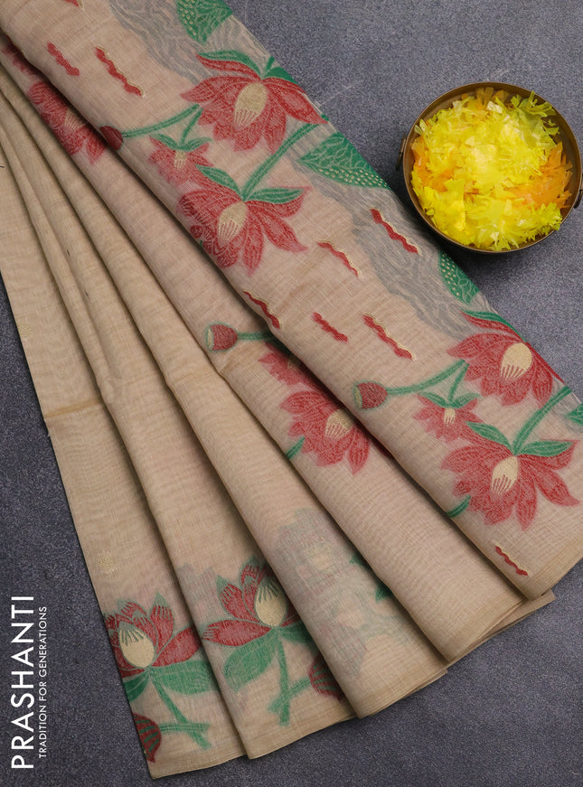 Jamdhani cotton saree beige and red with allover thread & zari woven buttas and jamdhani pallu